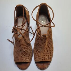 Vince Camuto Tan Suede Perforated Lace Up Block Heel Sandals 8.5M 38.5